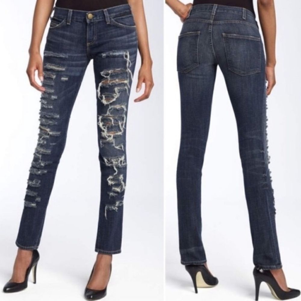 Current/Elliott The Skinny New Worn Shredded Dark Wash Blue Jeans Sz 26 / 0